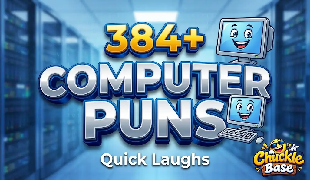 A bold 3D thumbnail for Computer Puns featuring chunky silver and blue typography, a smiling cartoon computer, and cool server room background.