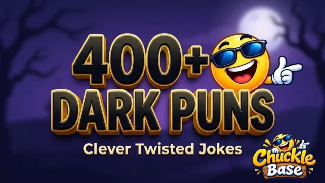 A spooky-themed thumbnail featuring bold "400+ Dark Puns" text alongside a smiling emoji character wearing sunglasses.