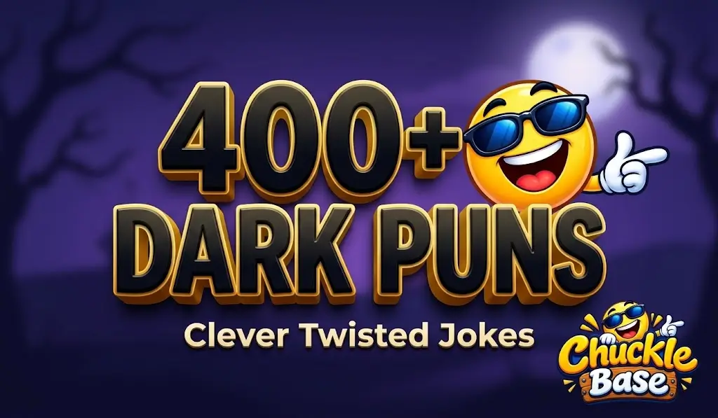 A spooky-themed thumbnail featuring bold "400+ Dark Puns" text alongside a smiling emoji character wearing sunglasses.