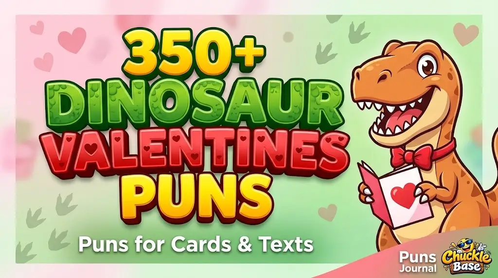 A colorful cartoon thumbnail for Dinosaur Valentines Puns, featuring chunky green and red 3D text and a happy T-Rex.