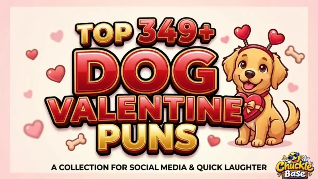 A colorful dimensional thumbnail featuring large text for Dog Valentine Puns and a cute cartoon puppy on a hearts background.