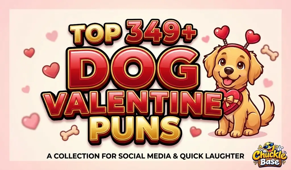 A colorful dimensional thumbnail featuring large text for Dog Valentine Puns and a cute cartoon puppy on a hearts background.