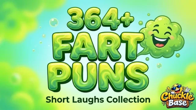 A bright thumbnail for Fart Puns, showing bold chunky gaseous 3D typography and a happy, laughing green gas cloud.
