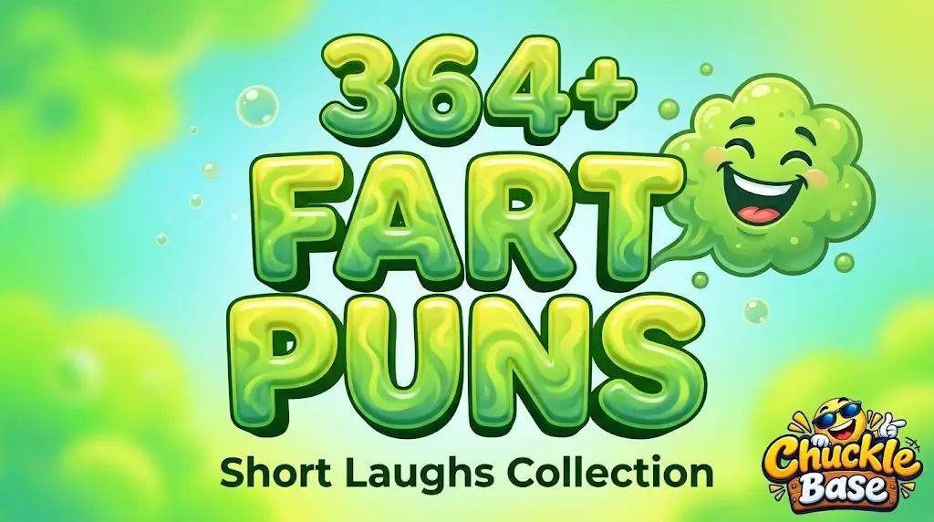 A bright thumbnail for Fart Puns, showing bold chunky gaseous 3D typography and a happy, laughing green gas cloud.