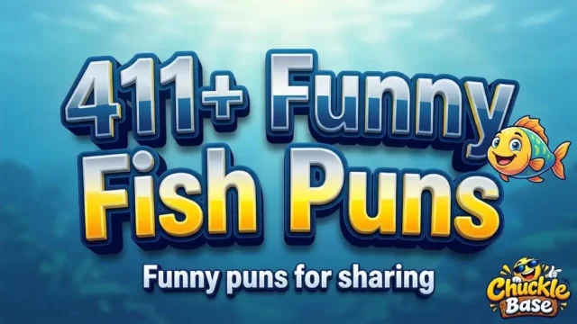 A vibrant thumbnail featuring massive 3D aquamarine text reading '411+ Funny Fish Puns' and a cheerful winking blue fish mascot on an ocean background.
