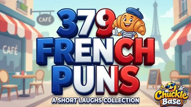 A bold 3D thumbnail for 379+ French Puns featuring a cartoon beret croissant next to the title on a Paris background.