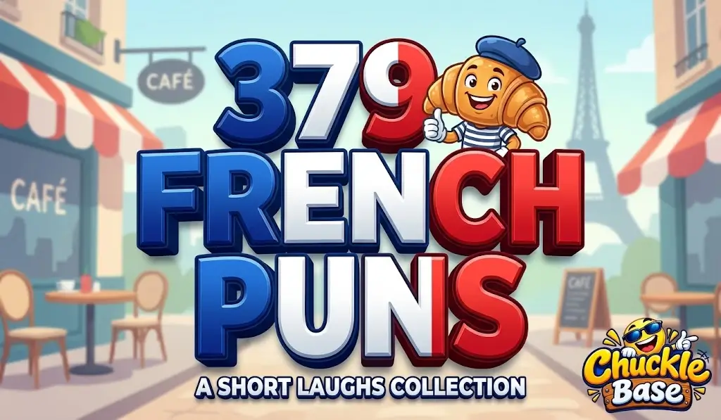 A bold 3D thumbnail for 379+ French Puns featuring a cartoon beret croissant next to the title on a Paris background.