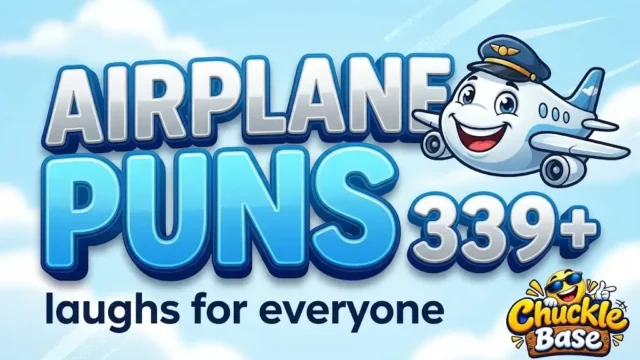 A thumbnail showing 339+ bold Airplane Puns typography with a smiling cartoon airplane mascot and sky background.