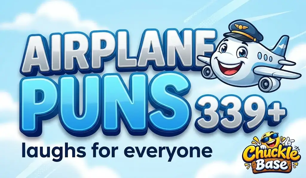 A thumbnail showing 339+ bold Airplane Puns typography with a smiling cartoon airplane mascot and sky background.