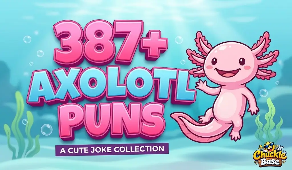 Bold pink and blue 3D typography reads "387+ AXOLOTL PUNS" alongside a cheerful cartoon axolotl underwater.