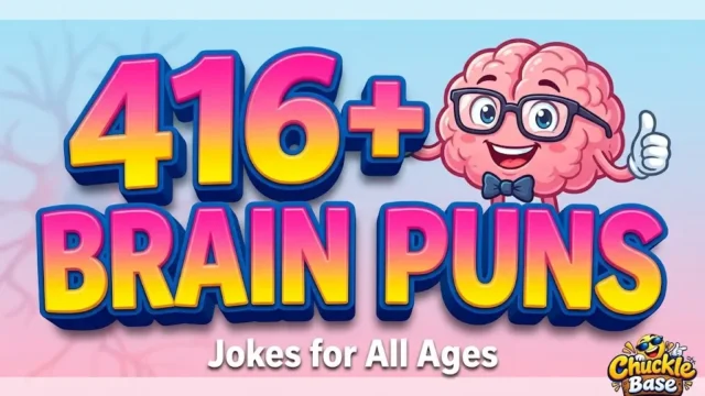 A colorful thumbnail featuring bold "416+ Brain Puns" text next to a smart cartoon brain character wearing glasses.