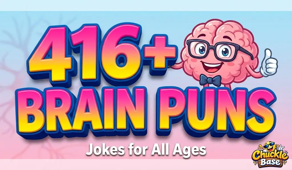 A colorful thumbnail featuring bold "416+ Brain Puns" text next to a smart cartoon brain character wearing glasses.