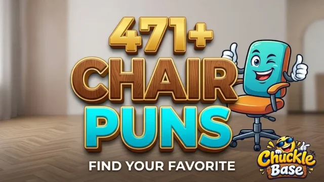 Bold, chunky 3D typography for "CHAIR PUNS" with "471+" above it, next to a winking cartoon wooden chair mascot winking.