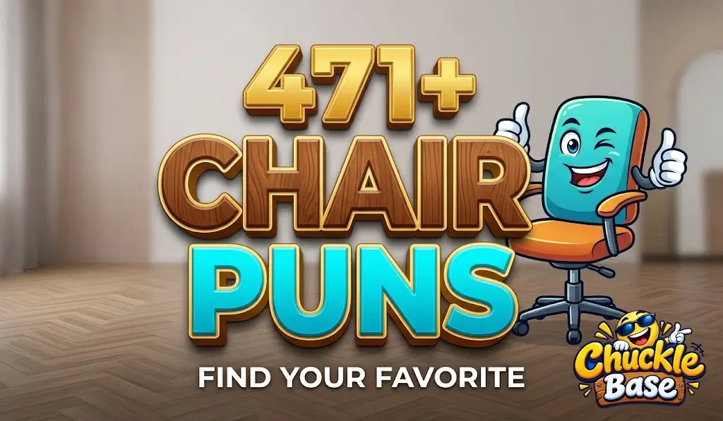 Bold, chunky 3D typography for "CHAIR PUNS" with "471+" above it, next to a winking cartoon wooden chair mascot winking.