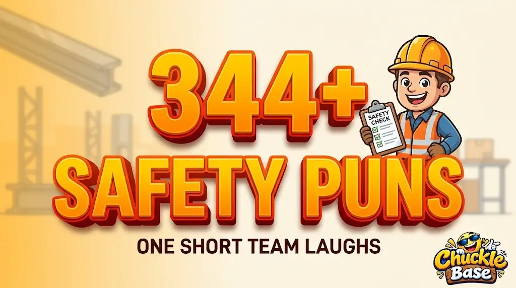 Bold dimensional 3D typography for 344+ SAFETY PUNS with a happy construction worker mascot in a safety vest.
