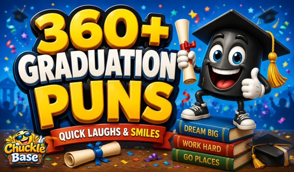 Graduation puns thumbnail with a cheerful graduate mascot, diploma, confetti, and bold 3D text