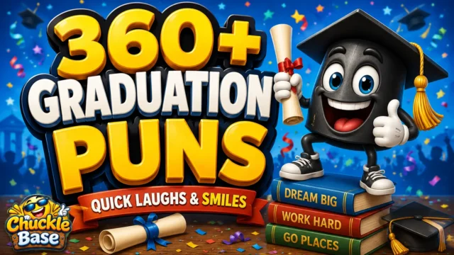Graduation puns thumbnail with a cheerful graduate mascot, diploma, confetti, and bold 3D text