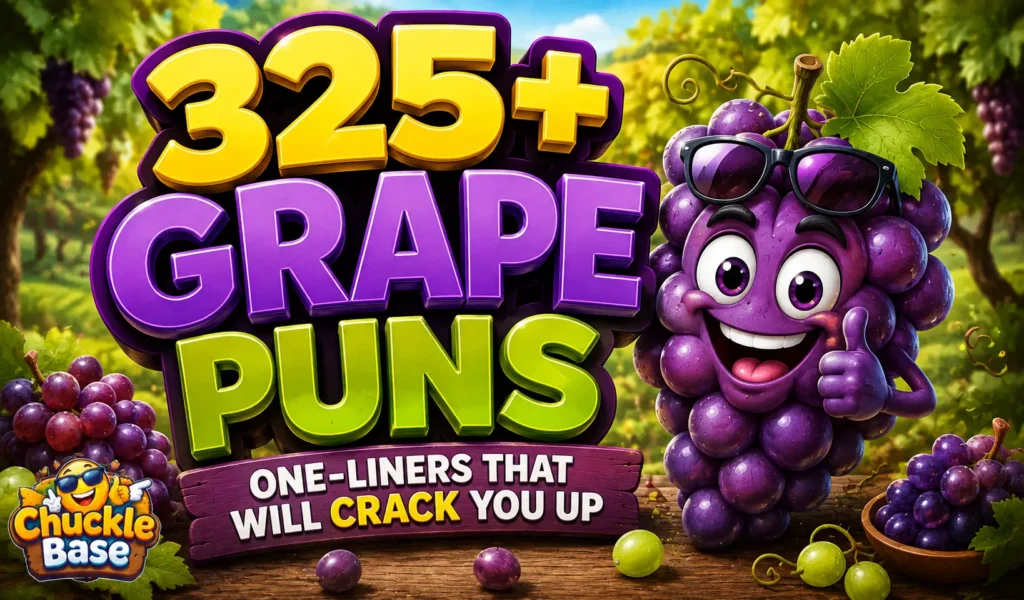 Grape puns thumbnail with a cheerful cartoon grape and bold 3D typography