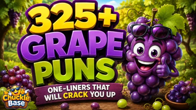 Grape puns thumbnail with a cheerful cartoon grape and bold 3D typography