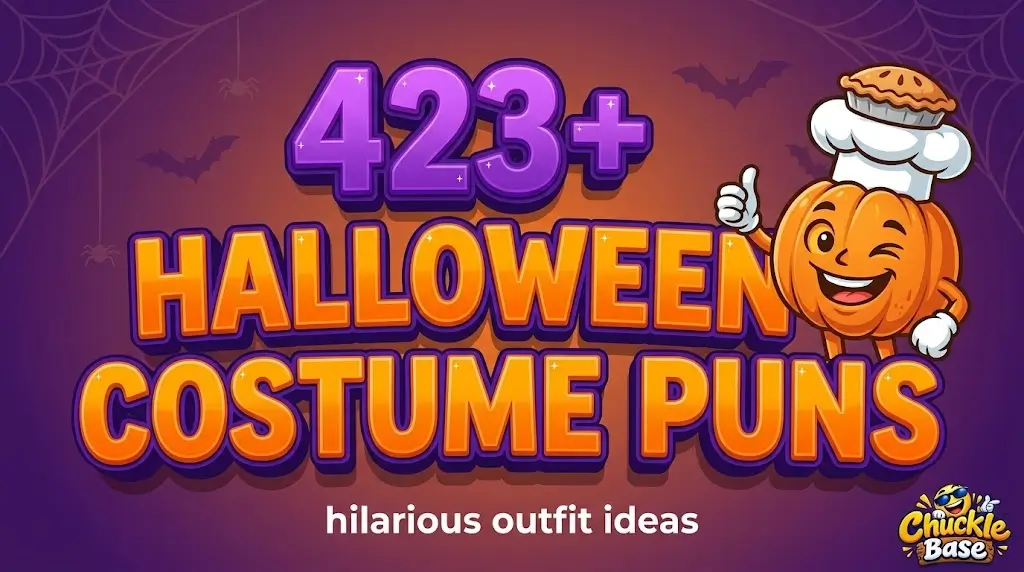 A cheerful illustrated pumpkin mascot dressed as pumpkin pie next to bold 3D text reading 423+ Halloween Costume Puns.