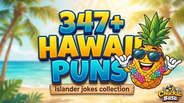Bold 3D typography for 'Hawaii Puns' and '347+' with a cheerful shaka pineapple character on a beach background.
