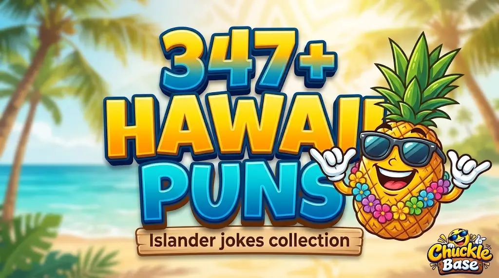 Bold 3D typography for 'Hawaii Puns' and '347+' with a cheerful shaka pineapple character on a beach background.