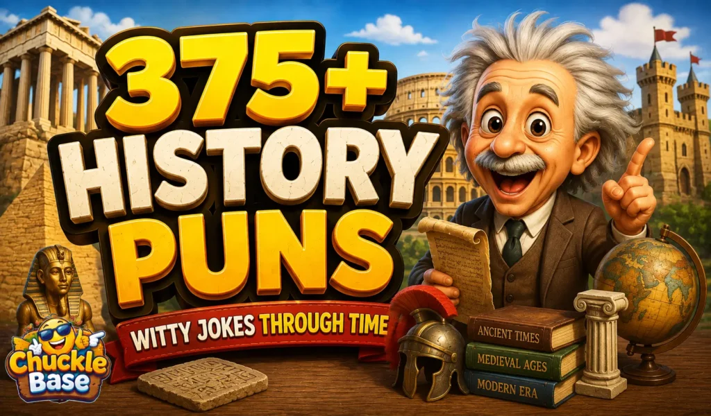 History puns thumbnail with a cheerful cartoon historian and bold 3D typography