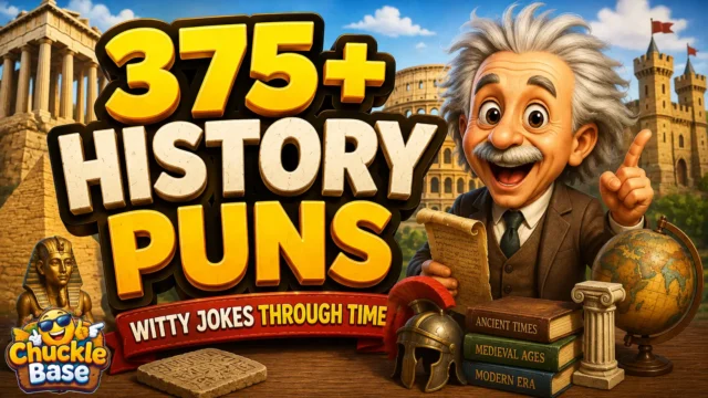 History puns thumbnail with a cheerful cartoon historian and bold 3D typography