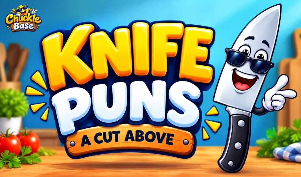 Cartoon knife wearing sunglasses pointing to the text 'Knife Puns: A Cut Above' for Chuckle Base.
