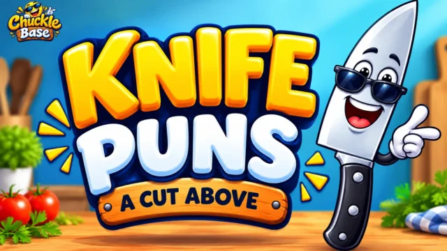 Cartoon knife wearing sunglasses pointing to the text 'Knife Puns: A Cut Above' for Chuckle Base.