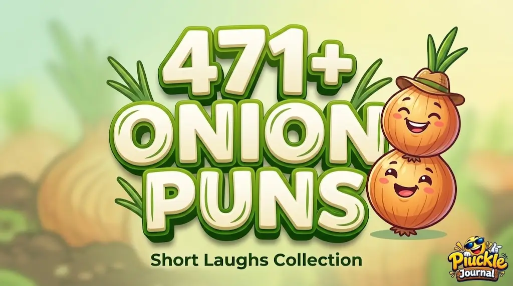 A bright dimensional 3D typography for '471+ Onion Puns' next to a smiling cartoon onion mascot on a soft green background.