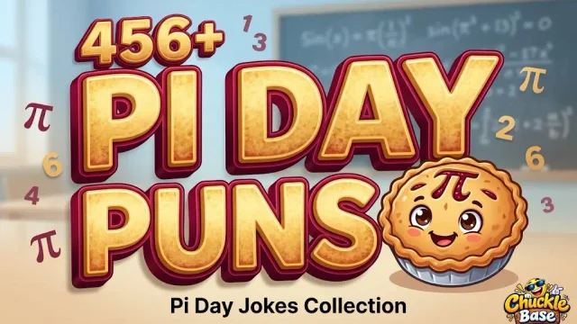 A colorful thumbnail showing bold 456+ Pi Day Puns typography next to a friendly cartoon pie character.