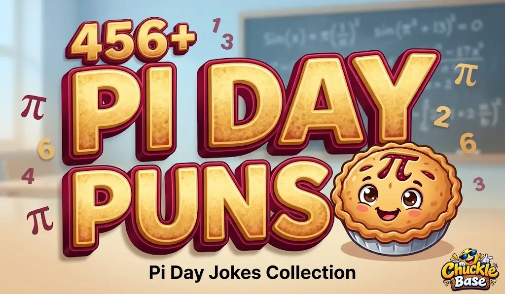A colorful thumbnail showing bold 456+ Pi Day Puns typography next to a friendly cartoon pie character.