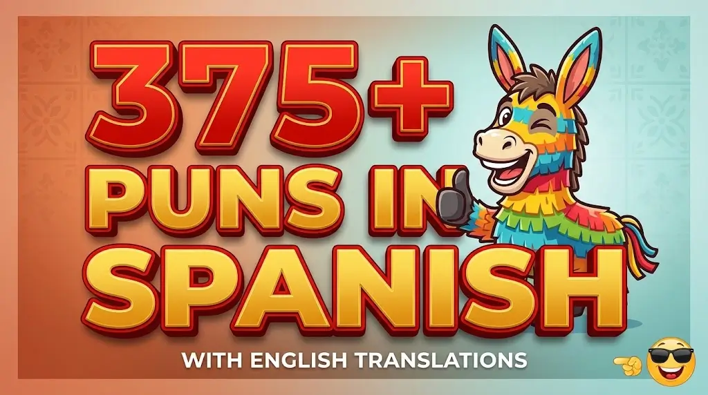 Bold chunky 3D text for 375+ PUNS IN SPANISH with a colorful laughing piñata mascot on a warm, softly patterned background.