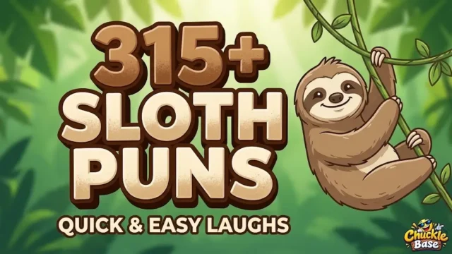 Bold chunky 3D typography reading "315+ Sloth Puns" next to a smiling cartoon sloth on a jungle background.
