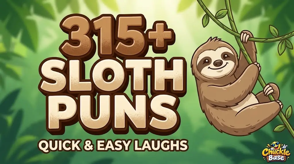 Bold chunky 3D typography reading "315+ Sloth Puns" next to a smiling cartoon sloth on a jungle background.