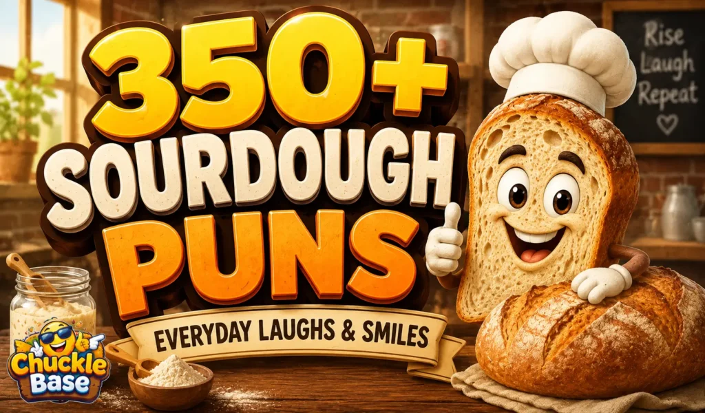 Sourdough puns thumbnail with a cheerful cartoon sourdough loaf and bold 3D text