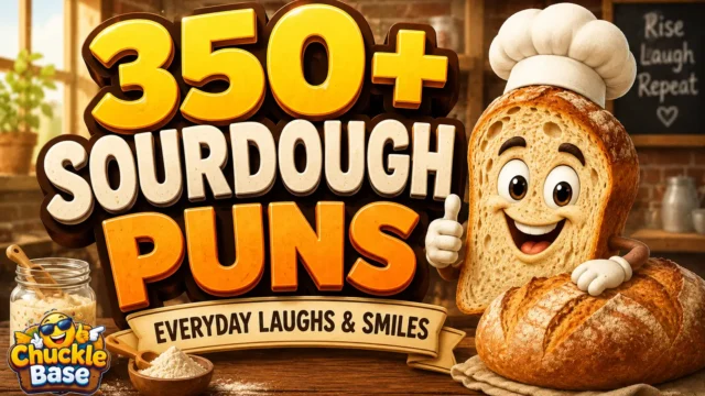 Sourdough puns thumbnail with a cheerful cartoon sourdough loaf and bold 3D text