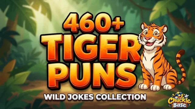 A bright thumbnail featuring bold, 3D typography of '460+ TIGER PUNS' and a playful cartoon tiger in a jungle setting.