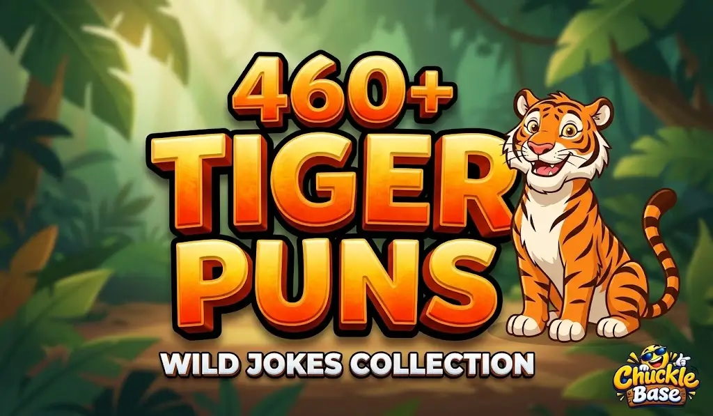 A bright thumbnail featuring bold, 3D typography of '460+ TIGER PUNS' and a playful cartoon tiger in a jungle setting.