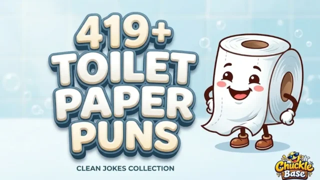 A cheerful cartoon toilet paper mascot next to bold 3D text reading "419+ TOILET PAPER PUNS" on a clean bathroom background.